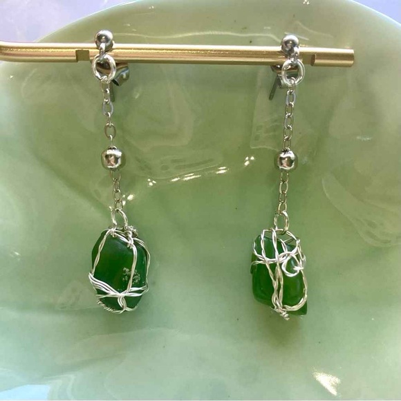 Silver and Green Wire Wrapped Earrings - Picture 2 of 2
